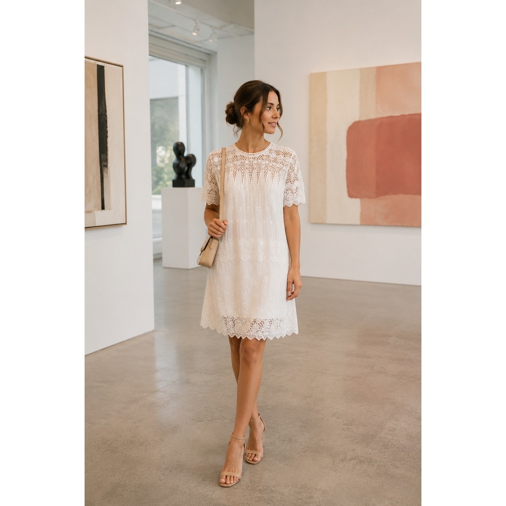 Ulla Johnson Viola White Cotton Lace Embroidered Crew Neck Mini Dress Size S 4